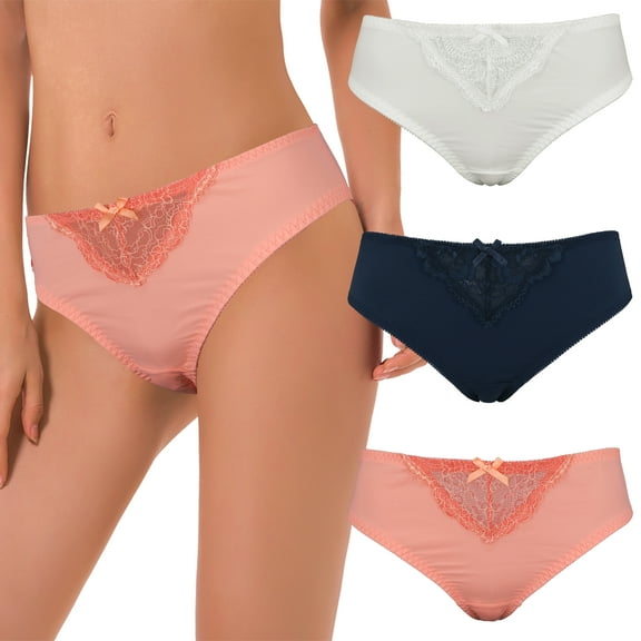 Curve Muse Women’s Brief Bikini Underwear Panties with Lace-3 Pack-Navy,Coral,Cream-L