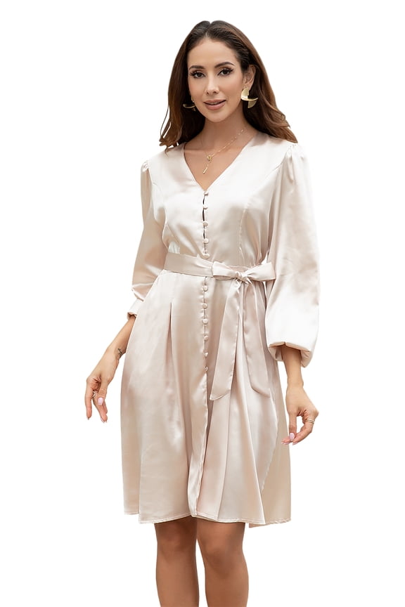 Women's Deep V Neck Lantern Long Bell Sleeve Midi Dress-Nude-M