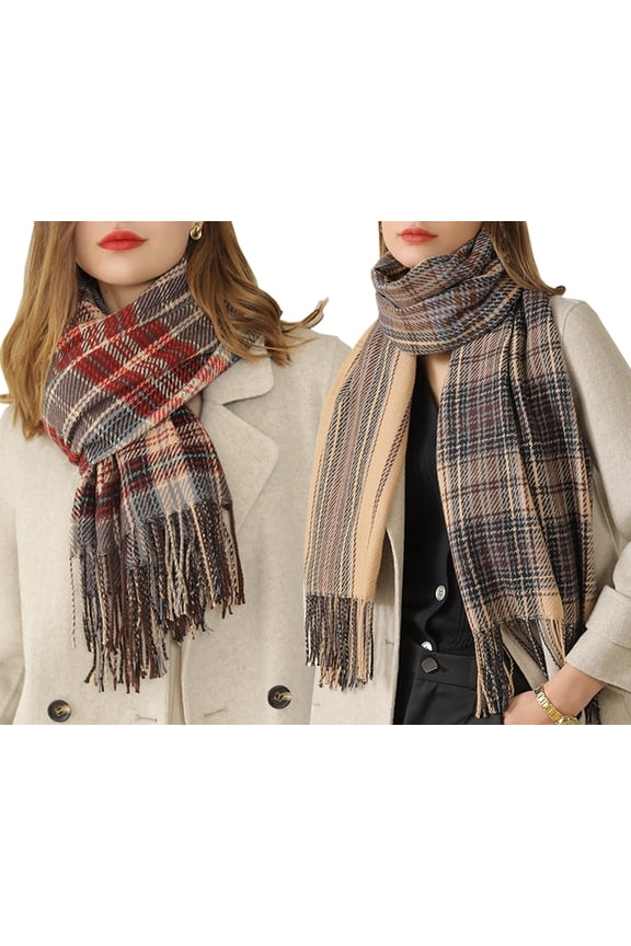 Women's Fashion Long Shawl Winter Warm Lattice Chunky Large Scarf-2 Pack-Pack C