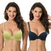 Curve Muse Women's Light Lift Add 1 Cup Push Up Underwire Convertible Tshirt Bra-2PK-Black Iris,Pale Green-34C