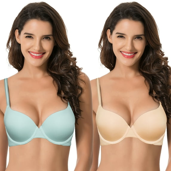 Curve Muse Women's Light Lift Add 1 Cup Push Up Underwire Convertible Tshirt Bra-2PK-Nude,Lt Blue-32DD