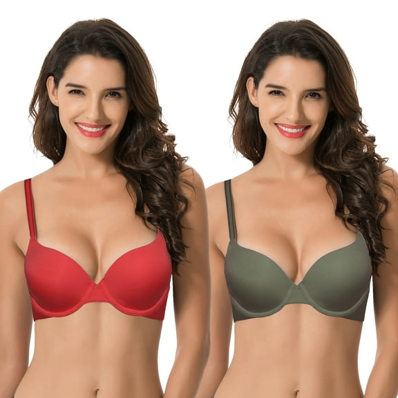 Curve Muse Women's Light Lift Add 1 Cup Push Up Underwire Convertible Tshirt Bra-2PK-RED,GREEN-34C