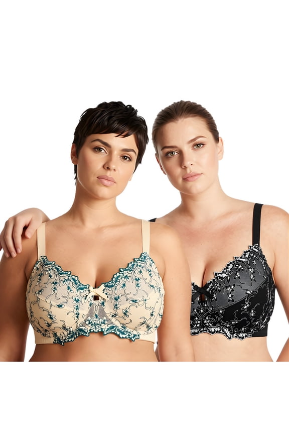 Women's Lightly Padded Underwire Embroidery Lace Bra-2PK-Black,Nude-34DDDD