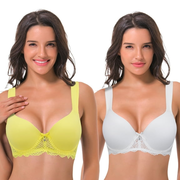 Curve Muse Women's Lightly Padded Underwire Lace Bra with Padded Shoulder Straps-2PK-WHITE,LIGHT YELLOW-42D