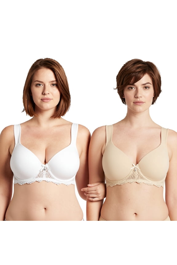 Women's Lightly Padded Underwire Lace Bra with Padded Shoulder Straps-2PK-WHITE,NUDE-34B