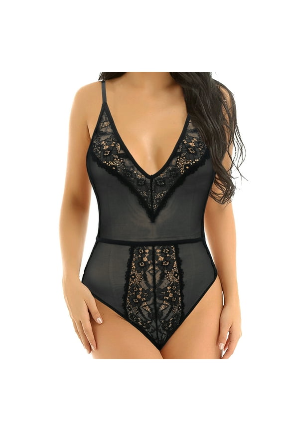 Women's Lingerie Lace Babydoll V Neck One Piece Mesh Bodysuit Nightwear-BLACK-M