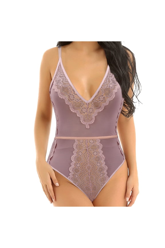 Women's Lingerie Lace Babydoll V Neck One Piece Mesh Bodysuit Nightwear-MAUVE-L