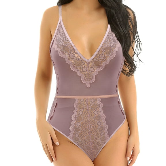 Curve Muse Women's Lingerie Lace Babydoll V Neck One Piece Mesh Bodysuit Nightwear-MAUVE-M