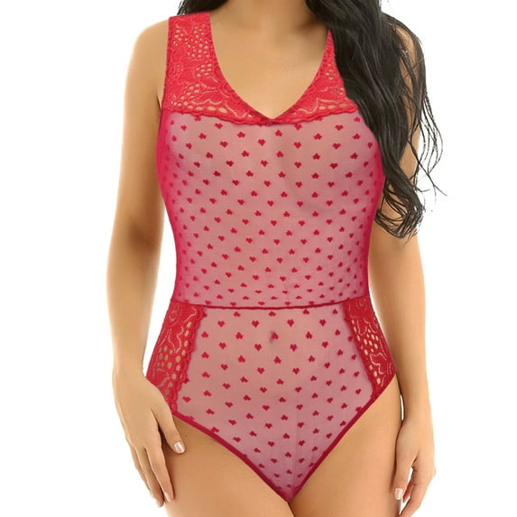 Curve Muse Women's Lingerie Lace Babydoll V Neck One Piece Mesh Bodysuit Nightwear-RED-XXL