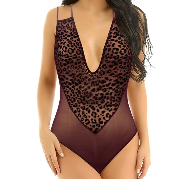 Curve Muse Women's Lingerie Lace Babydoll V Neck One Piece Mesh Bodysuit Nightwear-WINE-M