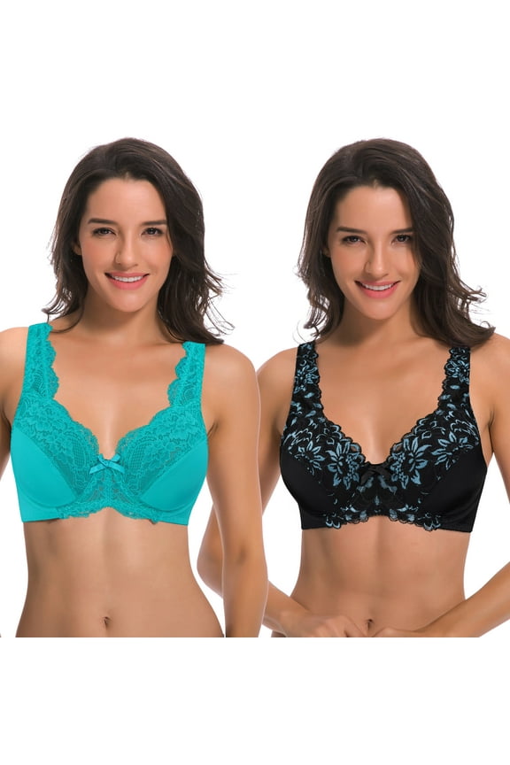 Women's Minimizer Unlined Underwire Bra With Lace Embroidery-2 Pack-Black,Teal-34DDD