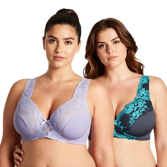 Curve Muse Women's Minimizer Unlined Underwire Bra With Lace Embroidery-2 Pack-Lavender,Gray-34B
