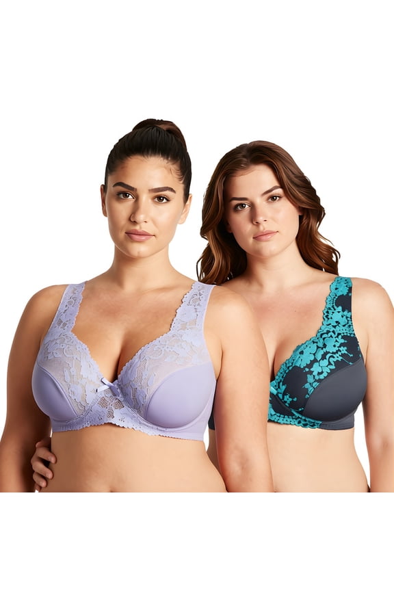 Women's Minimizer Unlined Underwire Bra With Lace Embroidery-2 Pack-Lavender,Gray-34B