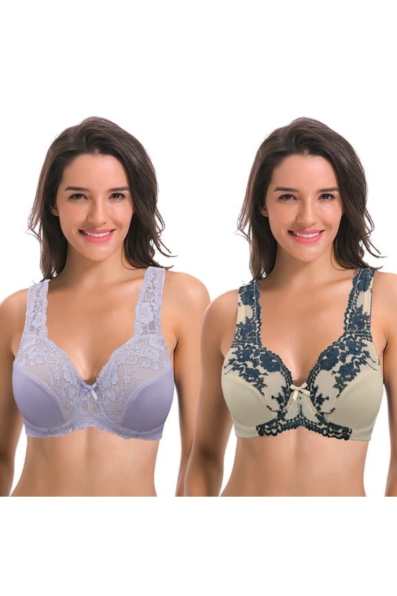 Women's Minimizer Unlined Underwire Bra With Lace Embroidery-2 pack-LAVENDER,NUDE-34B