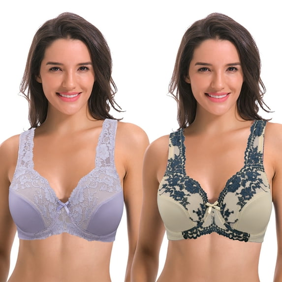 Curve Muse Women's Minimizer Unlined Underwire Bra With Lace Embroidery-2 pack-LAVENDER,NUDE-34D