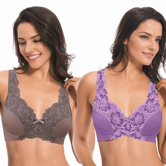 Curve Muse Women's Minimizer Unlined Underwire Bra with Lace Embroidery-2 Pack-Brown,Lavender-38DD