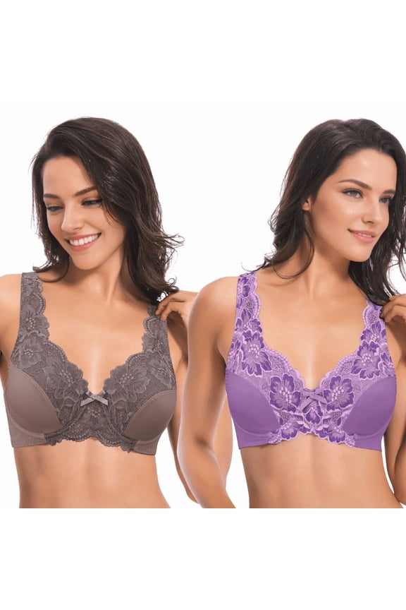 Women's Minimizer Unlined Underwire Bra with Lace Embroidery-2 Pack-Brown,Lavender-42DDD