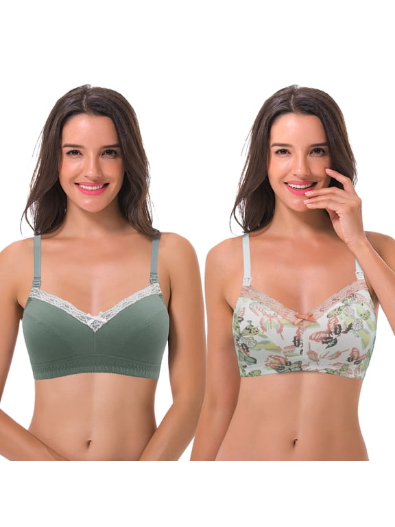 Women's Nursing Plus Size Wirefree Cotton Bra With Upper Lace-2Pack-CREAM/ORG,SAGE-46C