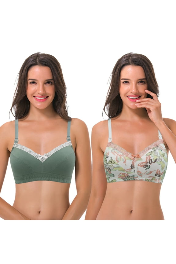 Women's Nursing Plus Size Wirefree Cotton Bra With Upper Lace-2Pack-CREAM/ORG,SAGE-46DD