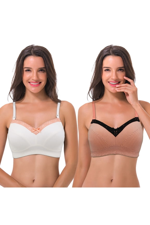Women's Nursing Plus Size Wirefree Cotton Bra with Upper Lace-2Pack-Orange,Cream-42D