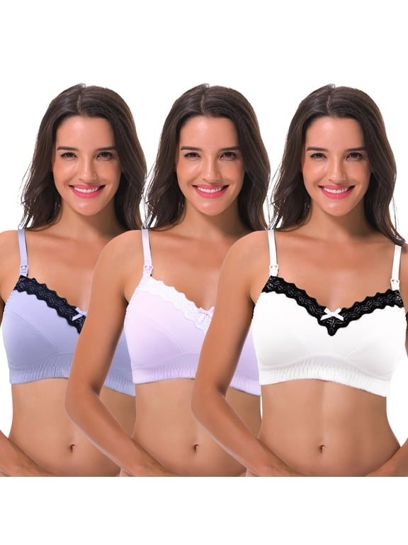 Women's Nursing Plus Size Wirefree Cotton Bra With Upper Lace-3Pack-LAVENDER,PINK,IVORY-44DD