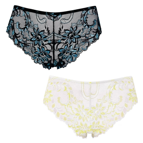 Curve Muse Women's Floral Hipster Underwear Soft Breathable Stretch Panties-2 Pack-Black/Blue,White/Yell-S/5