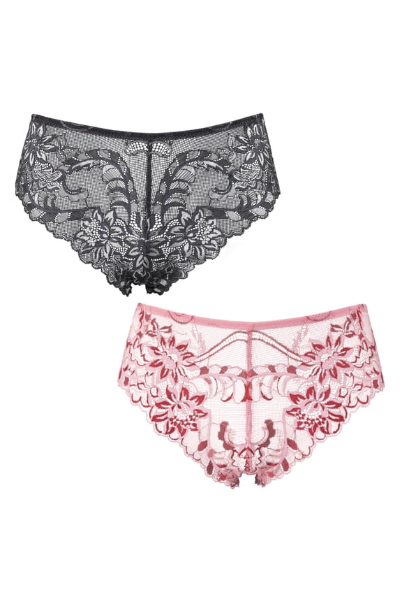 Women's Pack Of 2 Comfort Lace Tanga Hipster Boyshorts Panties-Pack F-White/Red,Black/Grey-S/5