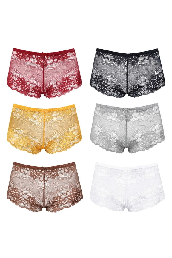 Women's Pack Of 6 Comfort Sheer Lace Tanga Hipster Boyshorts Panties-PACKM-XXL/9
