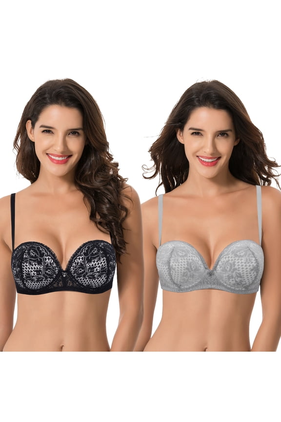 Women's Plus Size Add 1+ Cup Push Up Perfect Shape Underwire Lace Bra-2PK-Black,Light Gray-32B