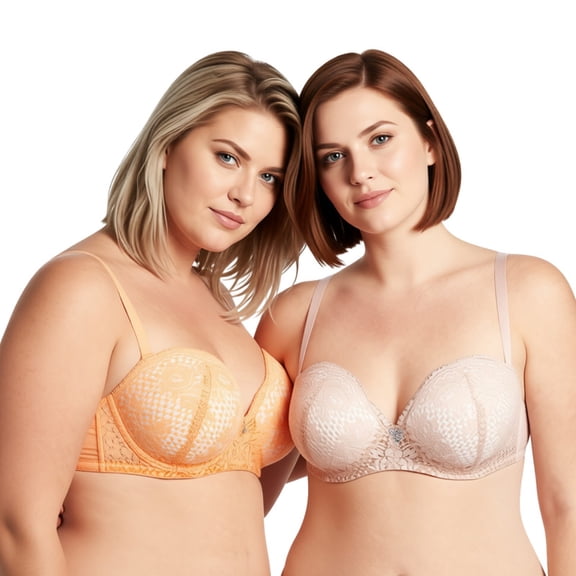Curve Muse Women's Plus Size Add 1+ Cup Push Up Perfect Shape Underwire Lace Bra-2PK-Nude,Orange-34B