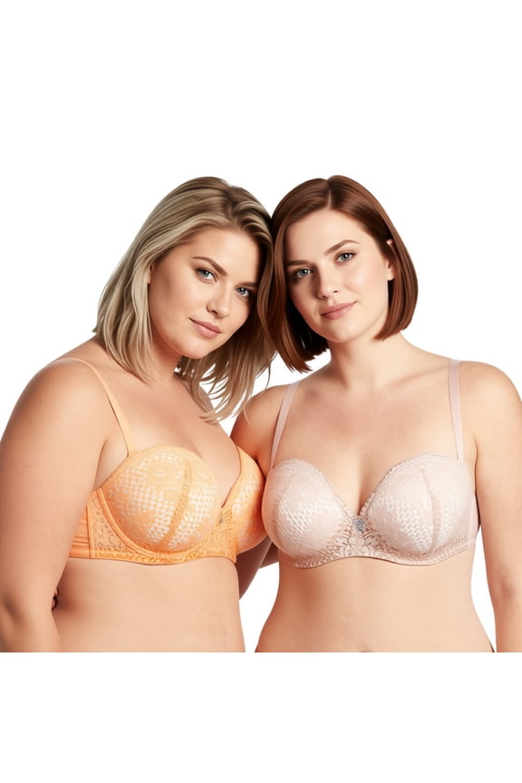 Women's Plus Size Add 1+ Cup Push Up Perfect Shape Underwire Lace Bra-2PK-Nude,Orange-46C