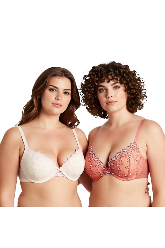 Women's Plus Size Add 1 Cup Push Up Underwire Lace Embroidery Bras-2PK-BUTTER MILK,Mecca Orange-32D
