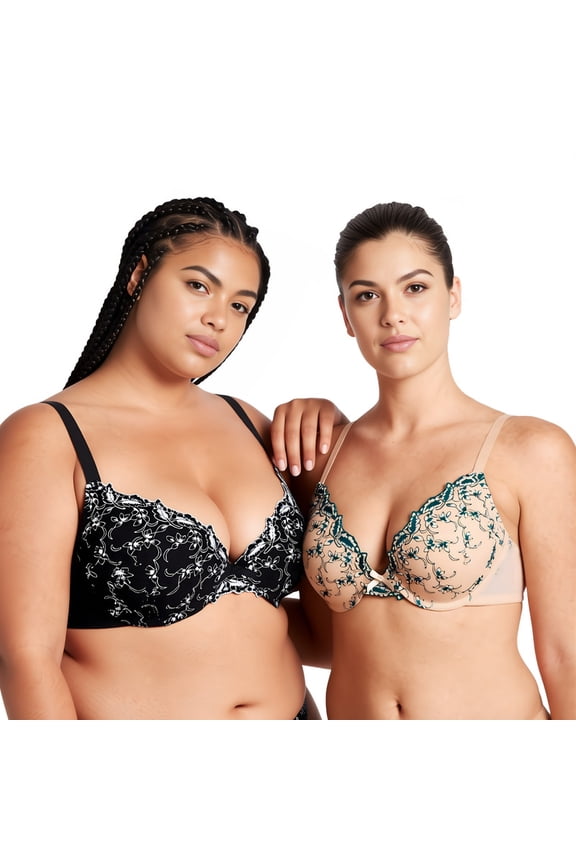 Women's Plus Size Add 1 Cup Push Up Underwire Lace Embroidery Bras-2PK-NUDE,BLACK-32C