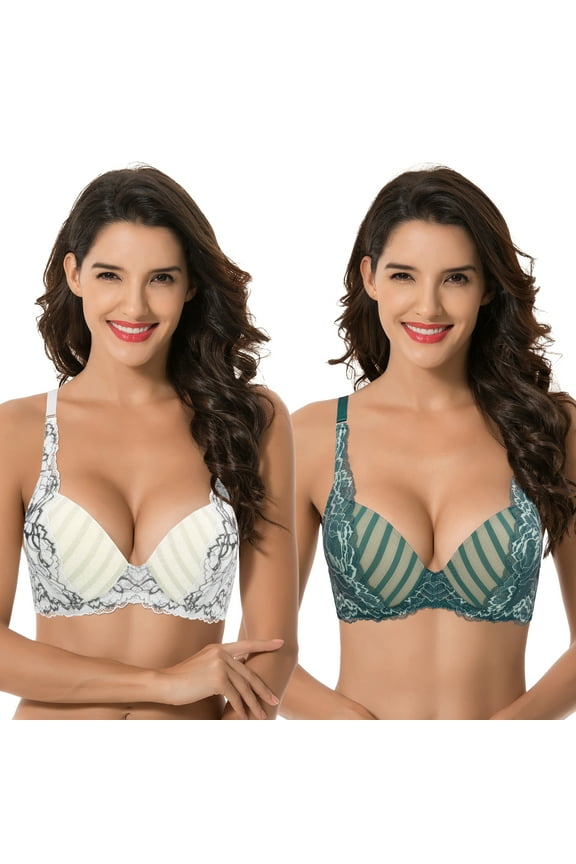 Women’s Plus Size Add 1 Cup Push Up Underwire Lace Mesh Bra-2PK-TEAL,GREY-46DDD