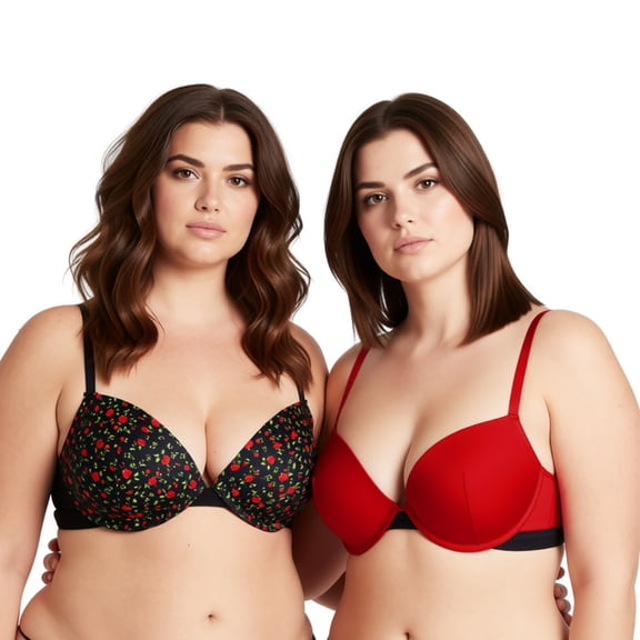 Curve Muse Women's Plus Size Add 1 and a half Cup Push Up Underwire Bras -2PK-Black Print,Red-32B-V2