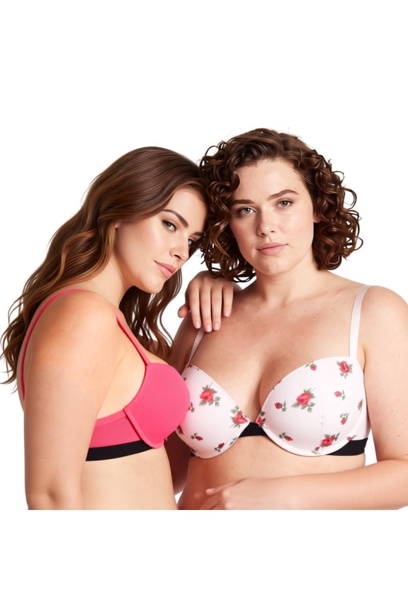 Women's Plus Size Add 1 and a half Cup Push Up Underwire Bras -2PK-Pink Print,Coral-32DD