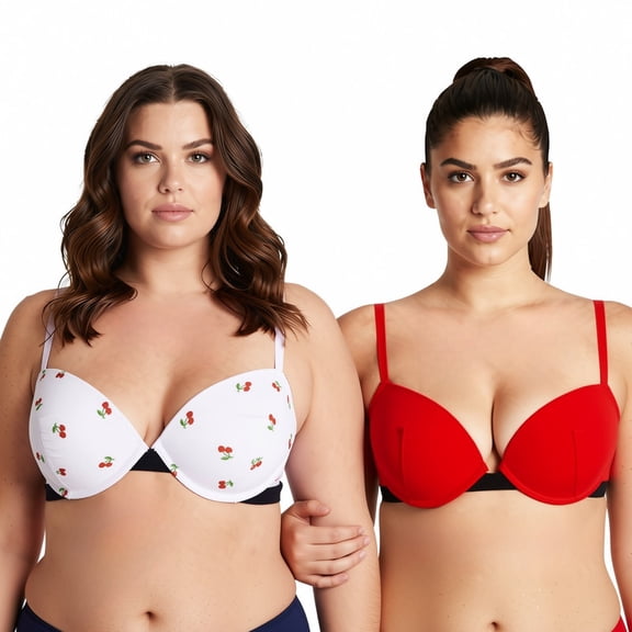 Curve Muse Women's Plus Size Add 1 and a half Cup Push Up Underwire Bras -2PK-White Print,Burgundy-32B