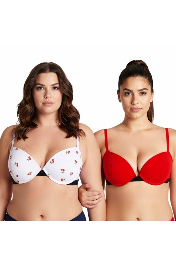 Women's Plus Size Add 1 and a half Cup Push Up Underwire Bras -2PK-White Print,Burgundy-32B