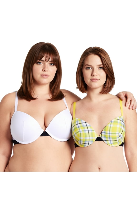 Women's Plus Size Add 1 and a half Cup Push Up Underwire Bras -2PK-White Print,White-32D