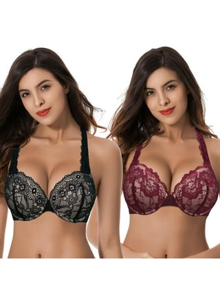 Curve Muse Women's Plus Size Push Up Add 1 Cup Underwire Perfect Shape Lace  Bras-2Pk-Black/Red,Black/Silver-34DDD