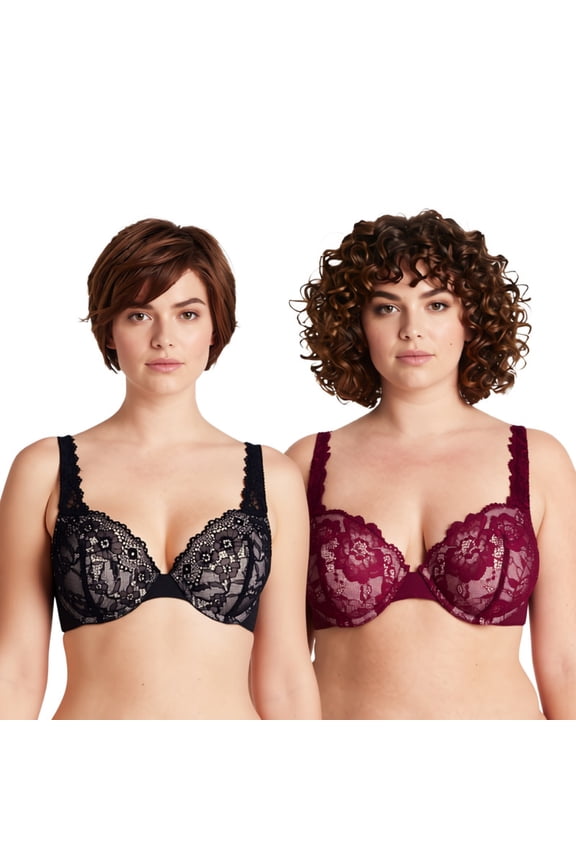 Women's Plus Size Add 1 and a half Cup Push Up Underwire Convertible Lace Bras -2PK-Black,Burgundy-32DDD