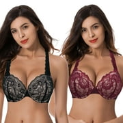 Curve Muse Women's Plus Size Add 1 and a half Cup Push Up Underwire Convertible Lace Bras -2PK-Black,Burgundy-34DD