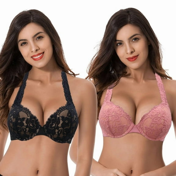 Curve Muse Women's Plus Size Add 1 and a half Cup Push Up Underwire Convertible Lace Bras -2PK-Black,Dark Pink-32B