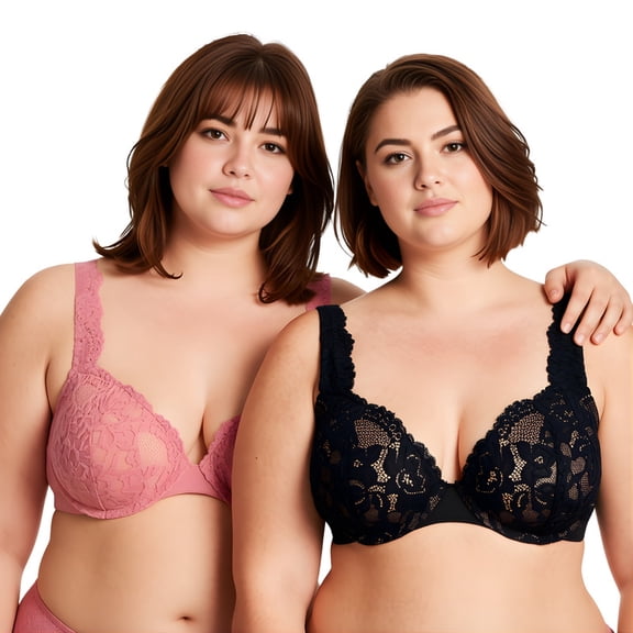 Curve Muse Women's Plus Size Add 1 and a half Cup Push Up Underwire Convertible Lace Bras -2PK-Black,Dark Pink-32DD