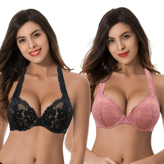 Curve Muse Women's Plus Size Add 1 and a half Cup Push Up Underwire Convertible Lace Bras -2PK-Black,Dark Pink-40B