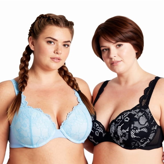 Curve Muse Women's Plus Size Add 1 and a half Cup Push Up Underwire Convertible Lace Bras -2PK-Black,Lt Blue-32B