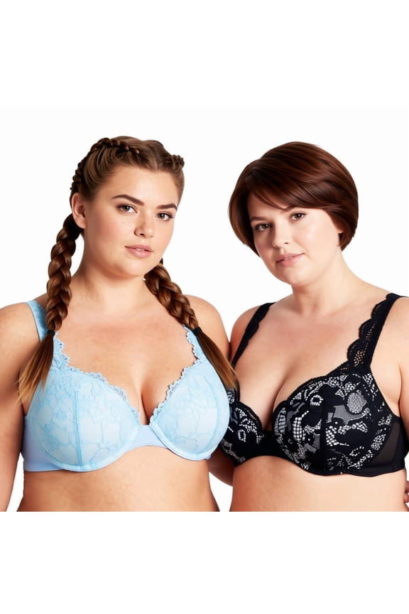 Women's Plus Size Add 1 and a half Cup Push Up Underwire Convertible Lace Bras -2PK-Black,Lt Blue-44DD