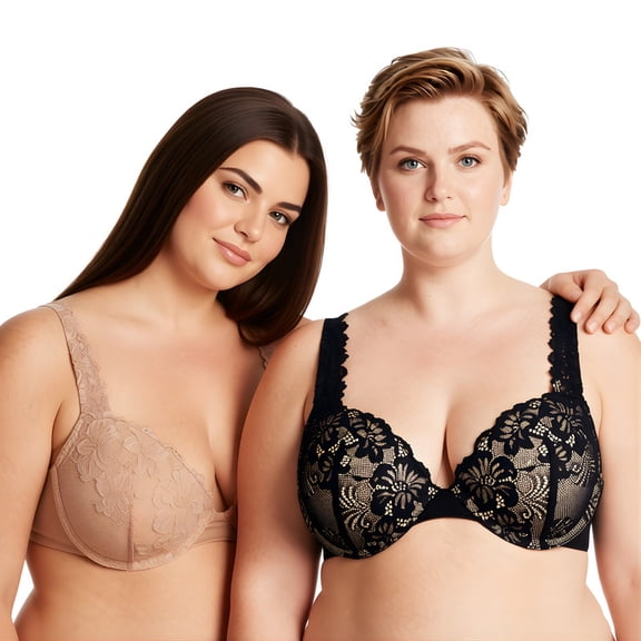 Curve Muse Women's Plus Size Add 1 and a half Cup Push Up Underwire Convertible Lace Bras -2PK-Black,Nude-32C