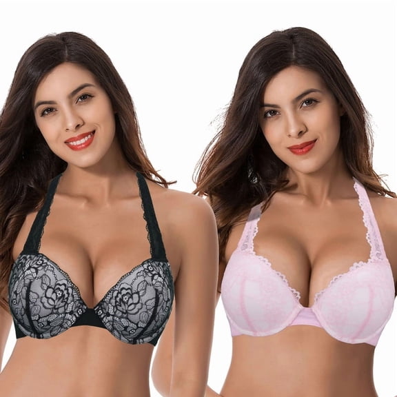 Curve Muse Women's Plus Size Add 1 and a half Cup Push Up Underwire Convertible Lace Bras -2PK-Black,Pink-32B