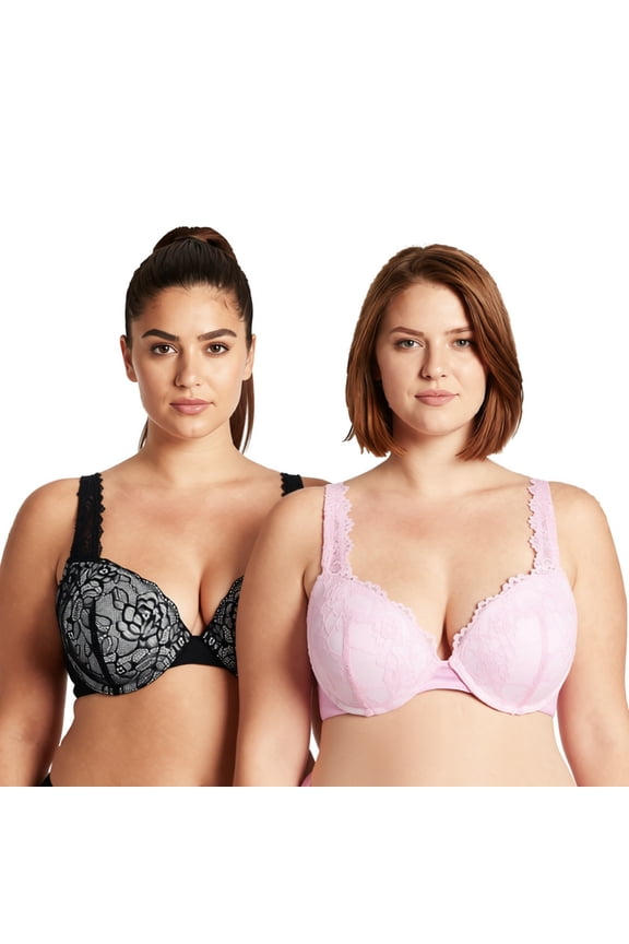 Women's Plus Size Add 1 and a half Cup Push Up Underwire Convertible Lace Bras -2PK-Black,Pink-32B